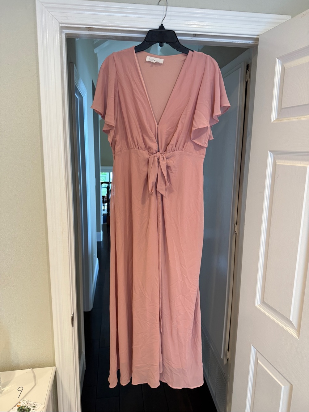 Flutter-Sleeve Tie-Front Maxi Dress in Dusty Pink